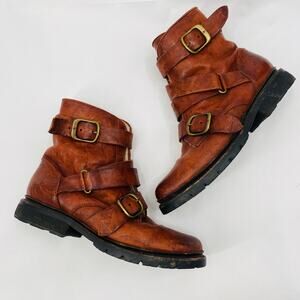 Frye 8.5 vanessa brown leather shearling lined buckle boots